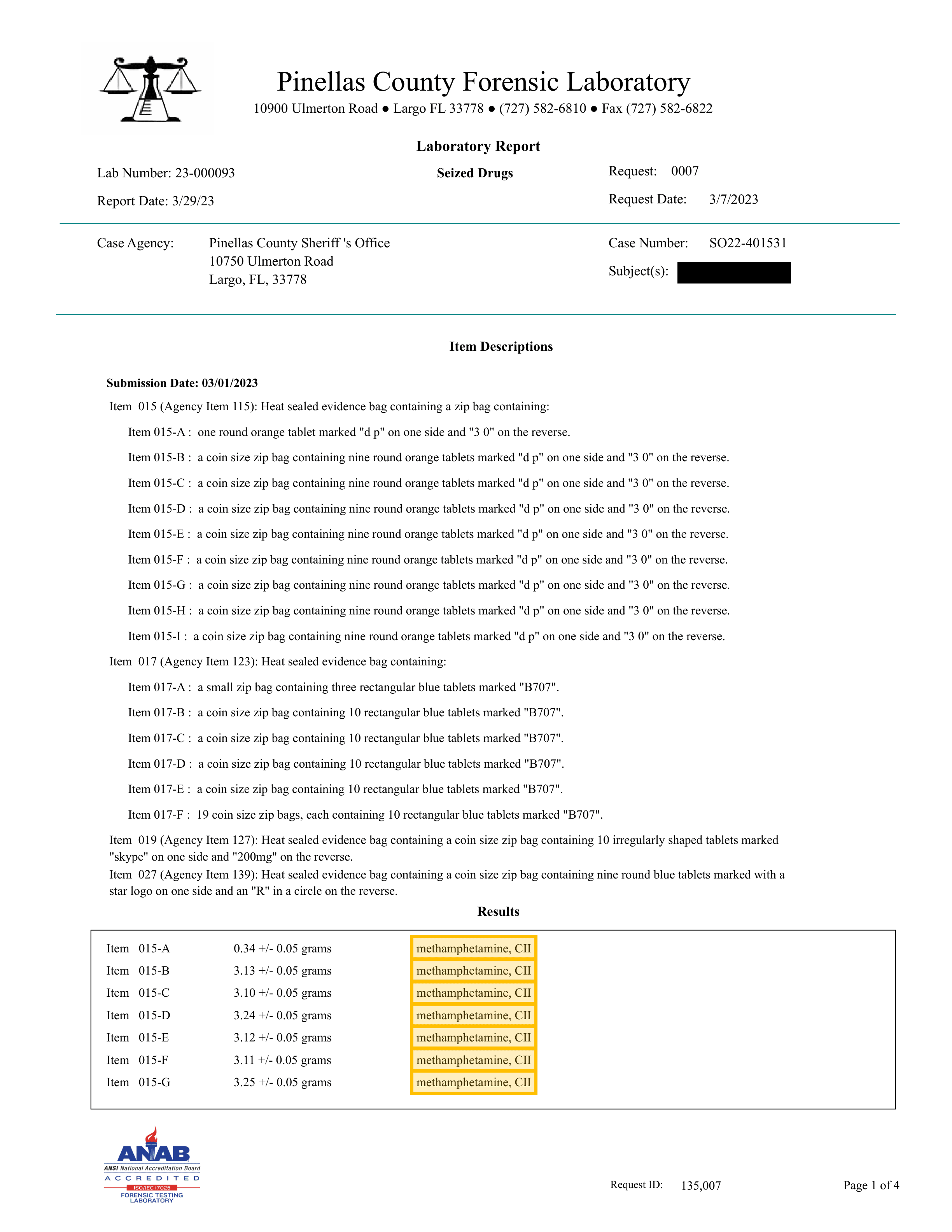Pinellas County Forensic Laboratory Report 23-000093, Page 1, lab tested items totaling 25.59 grams, identified as methamphetamine not MDMA