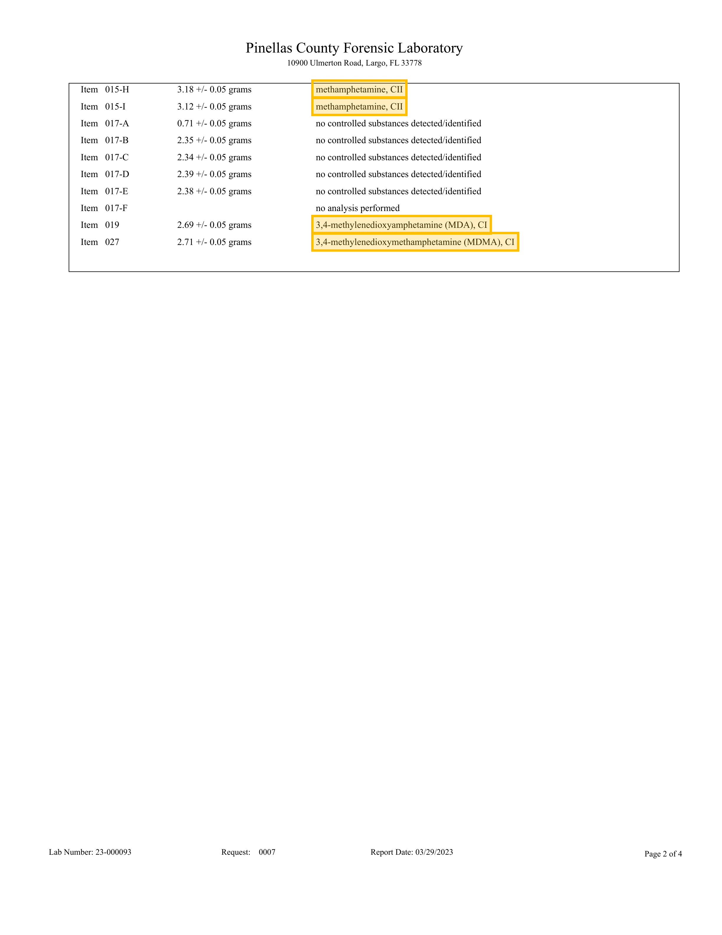 Pinellas County Forensic Laboratory Report 23-000093, Page 2, Items 025-A and 026-A identified as MDMA and MDA respectively