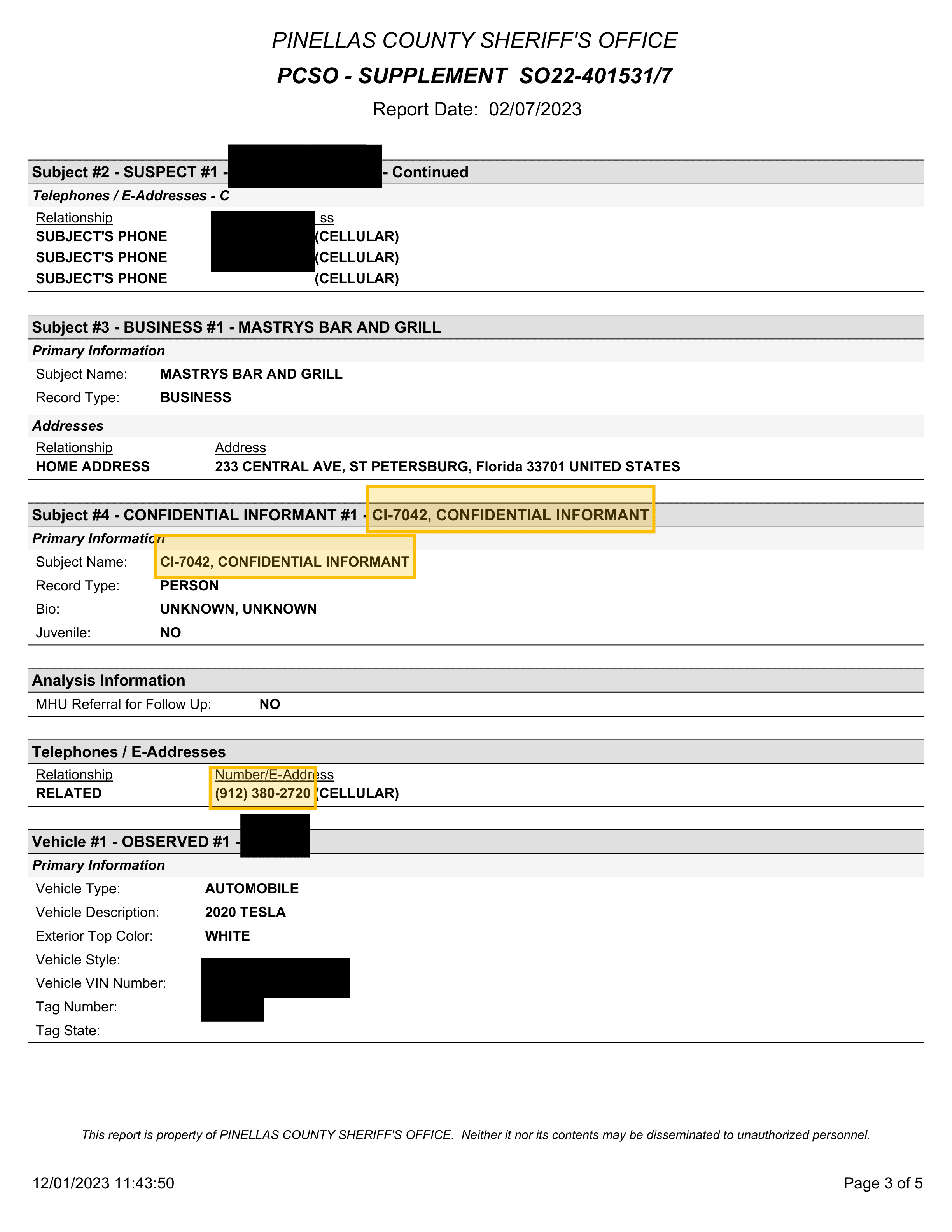 PCSO Supplement SO22-401531/7, Page 3, phone number (912) 380-2720 listed under both the suspect and confidential informant CI-7042